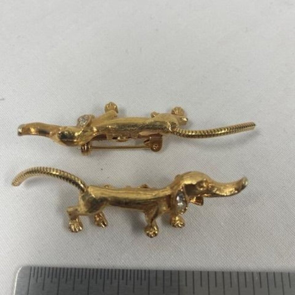 Set of 2 Vintage Dachshund Wiener Dog Brooches Gold Tone Articulated Tail Pins